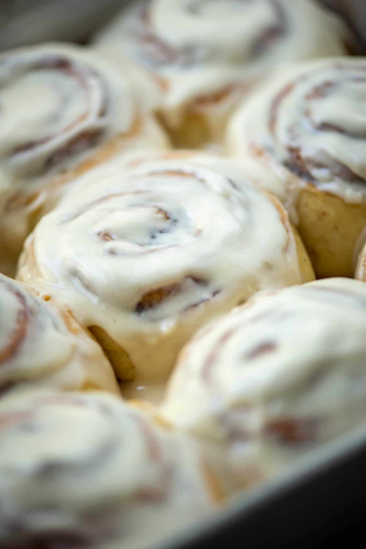 Close up of frosted cinnamon rolls in pan