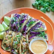 Fish Tacos on Plate with Cilantro and pico de Gallo in background