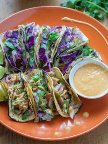 Fish Tacos on Plate with Cilantro in background