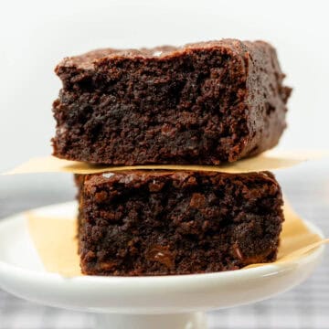 Close up shot of two stacked Gluten Free Sweet Potato Brownies