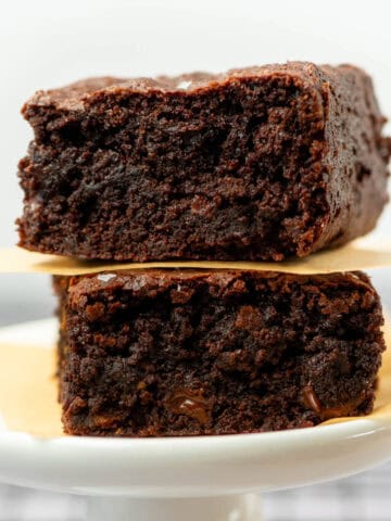 Close up shot of two stacked Gluten Free Sweet Potato Brownies