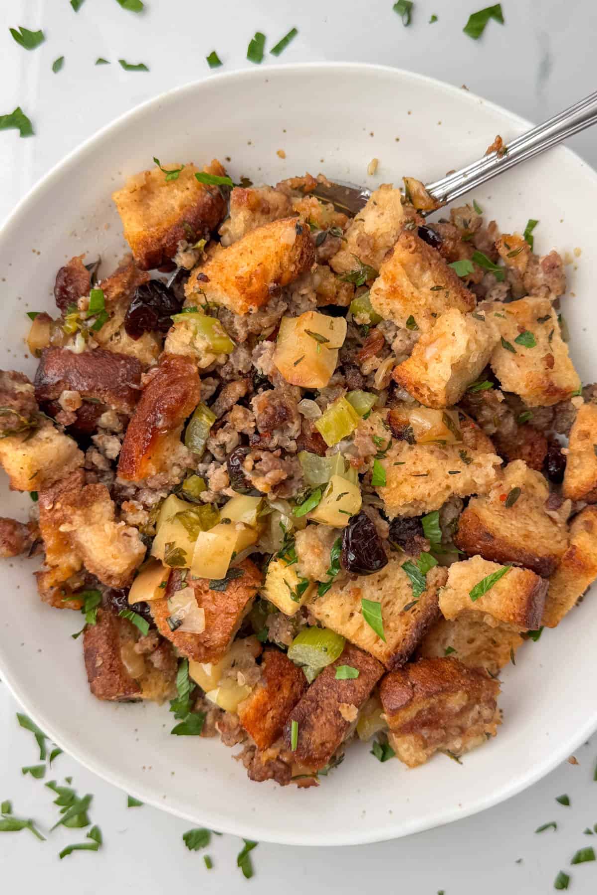 Close up photo of gluten free sausage stuffing