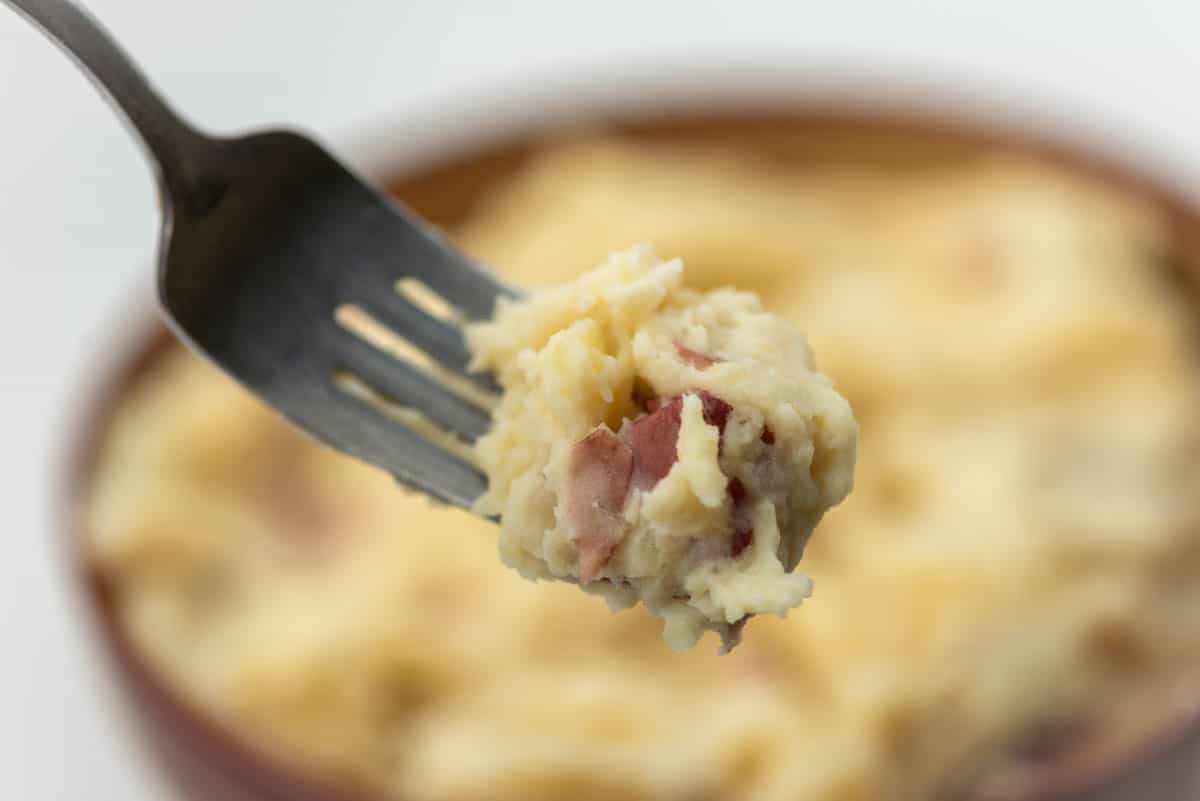 Close up photo of garlic mashed potatoes on fork