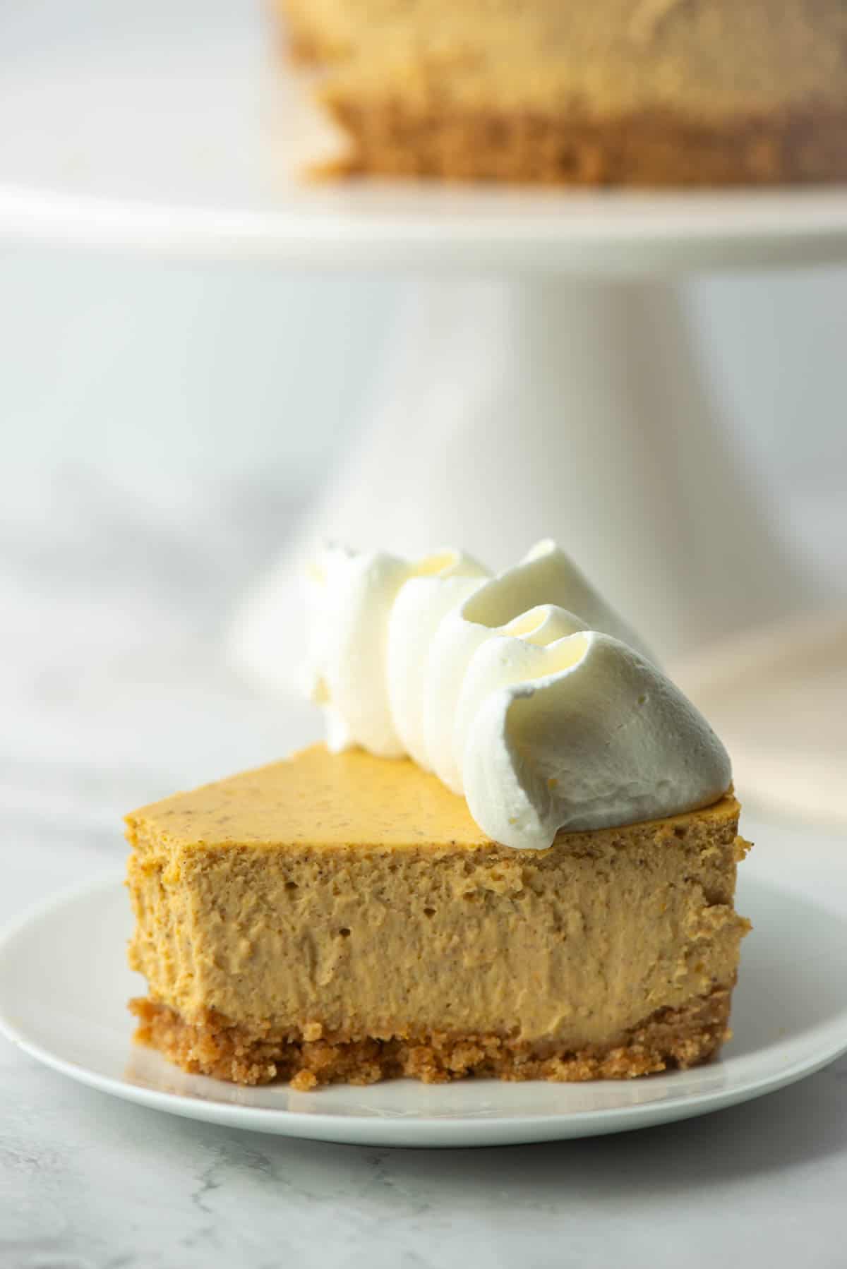 Slice of pumpkin spice cheesecake with rest of cheesecake in background