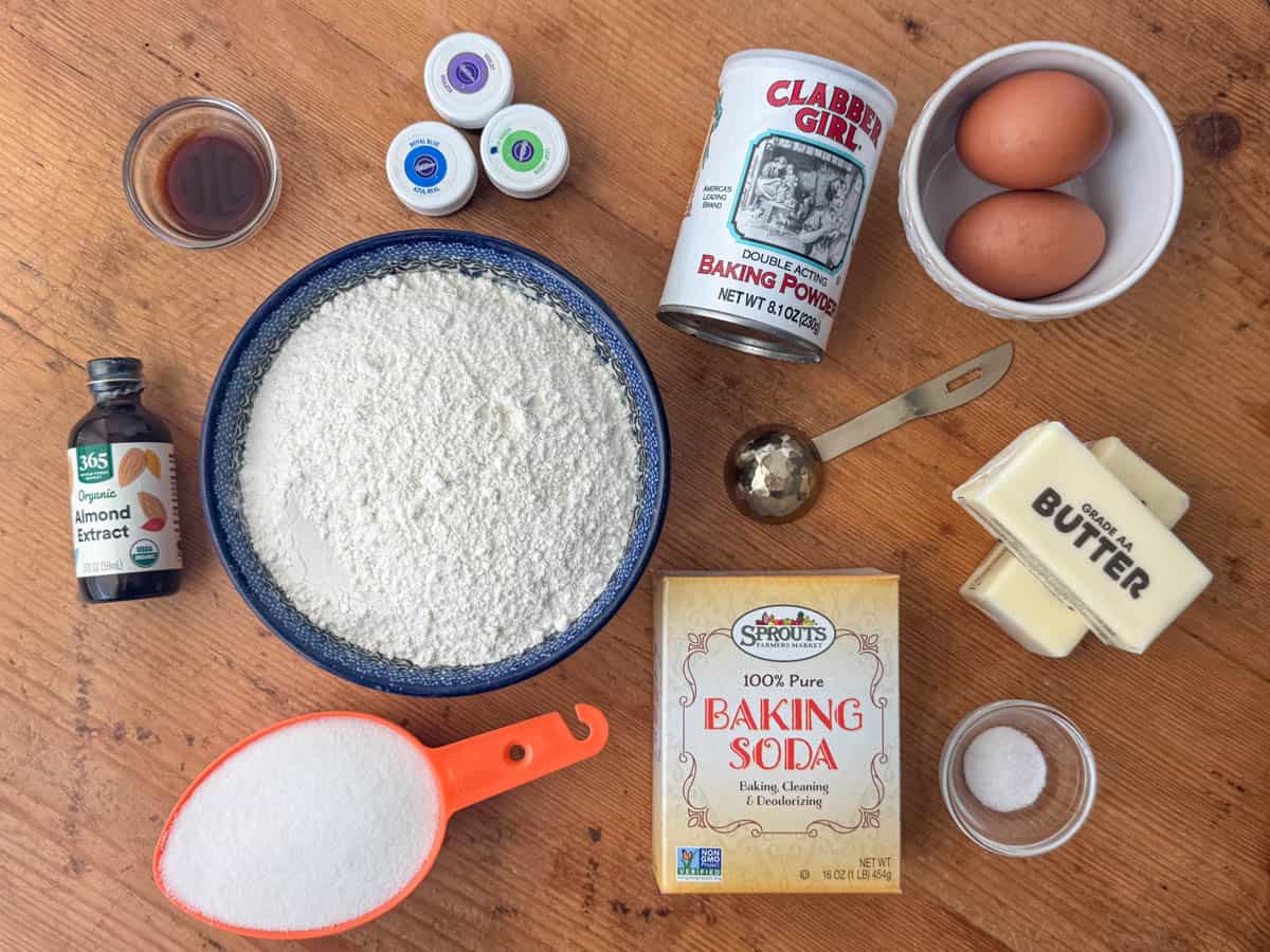 Ingredients to make colored cookie dough sugar cookies