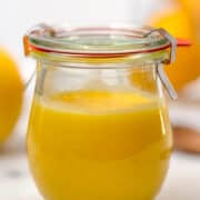 Close up view of jar of lemon curd