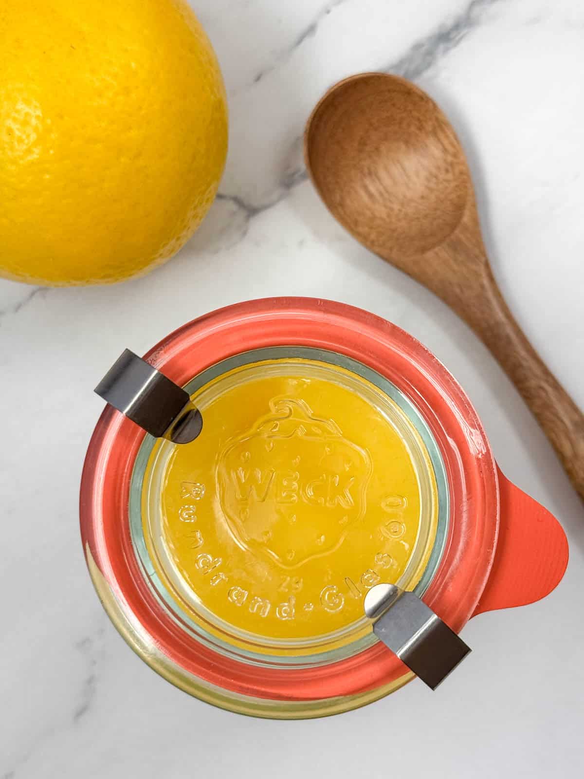 Photo from above of jar of lemon curd