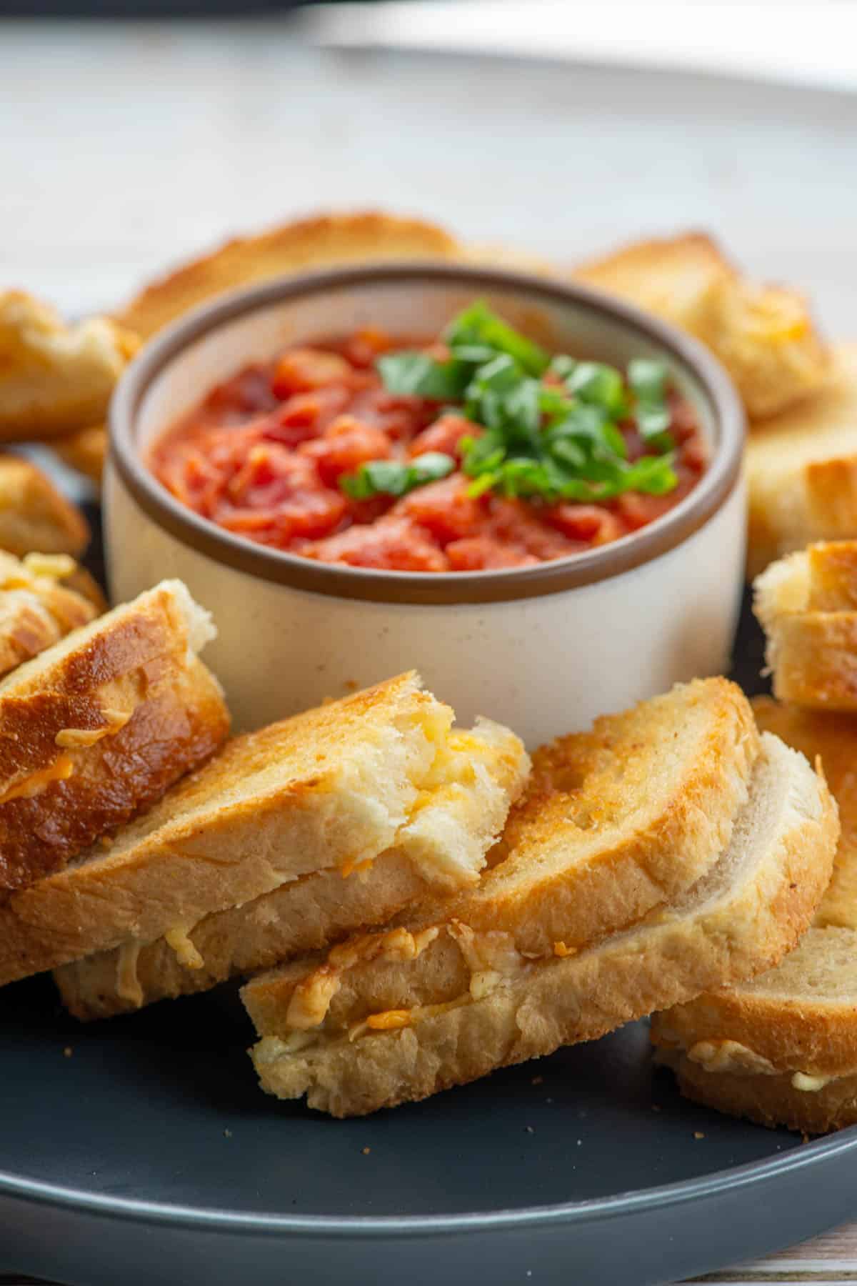 Close up of appetizer size pieces of baked grilled cheese sandwiches with tomato dipping sauce