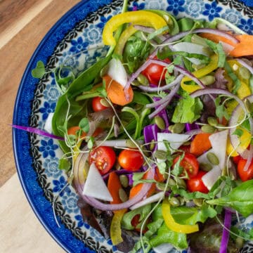 Photo of salad on blue salad bowl. Salad is topped with tomatoes, red cabbage, turnips, carrots, micro greens, basil, pipits seeds, oil and lemon juice.