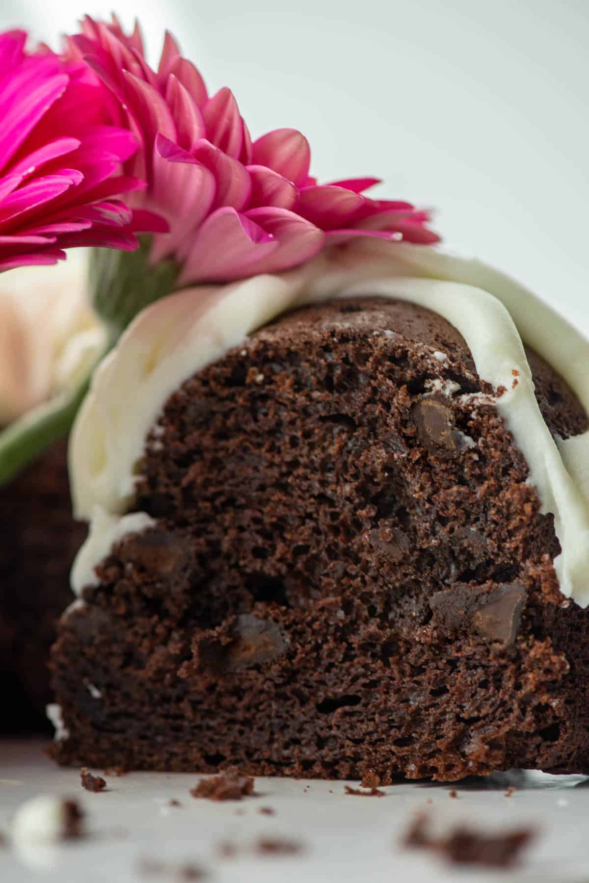 Side view of cut chocolate chocolate chip bundt cake