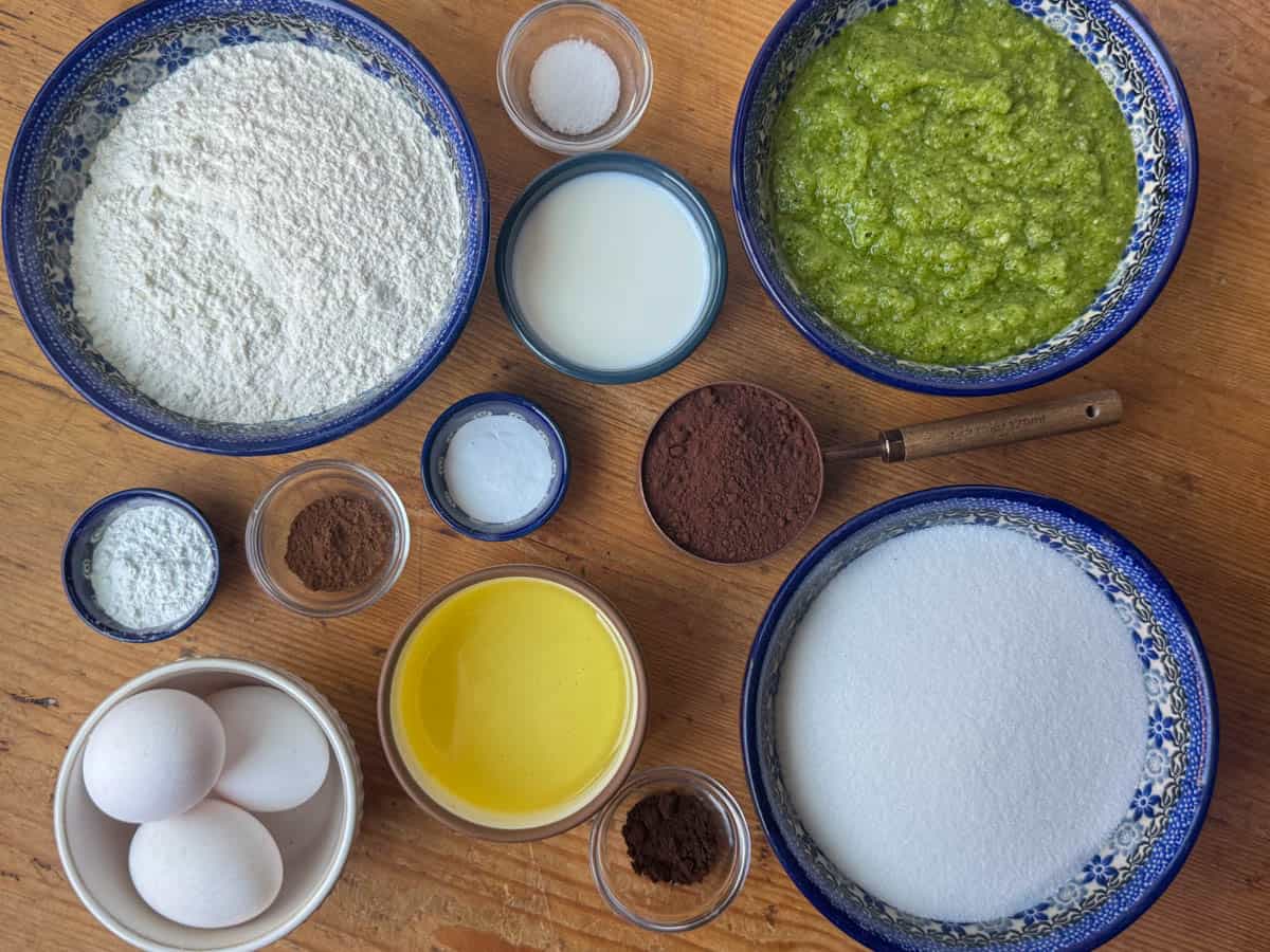 Ingredients for chocolate zucchini cake: all purpose flour, liquified zucchini, white sugar, vegetable oil, eggs, cocoa powder, milk, cinnamon, espresso powder, baking powder, baking soda, salt.