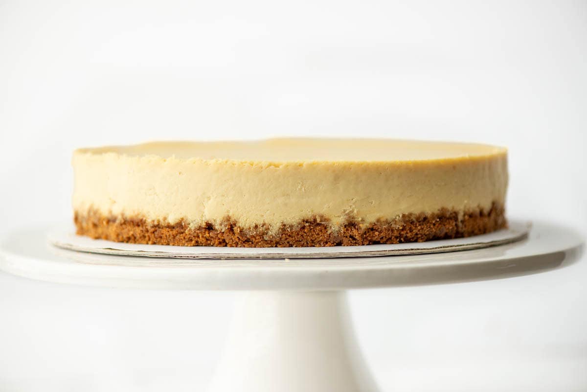 Side view of undecorated Biscoff Cookie Butter Cheesecake