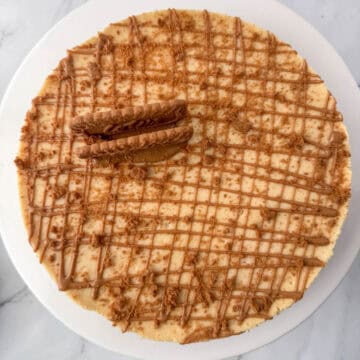 Overhead photo of whole Biscoff Cookie Butter Cheesecake