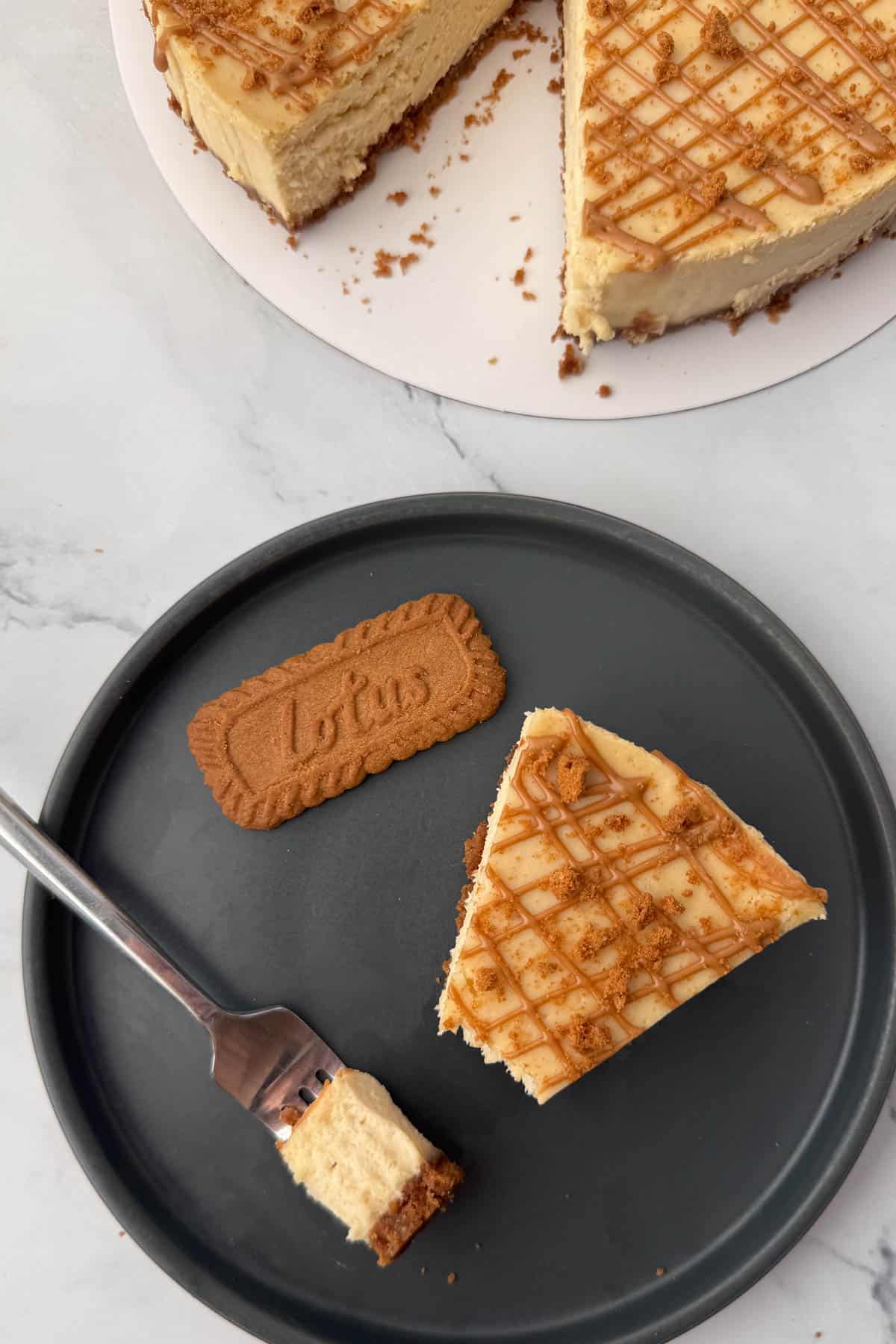 Grey plate with a fork,  full Biscoff cookies, and a slice of Biscoff cookie butter cheesecake with a bite taken out with the rest of the cheesecake behind it