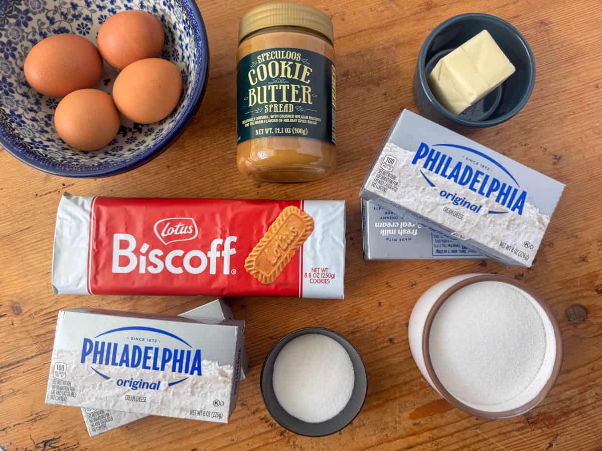 Ingredients for Biscoff Cookie Butter Cheesecake: Biscoff cookies, salted butter, white sugar, cream cheese, eggs and cookie butter