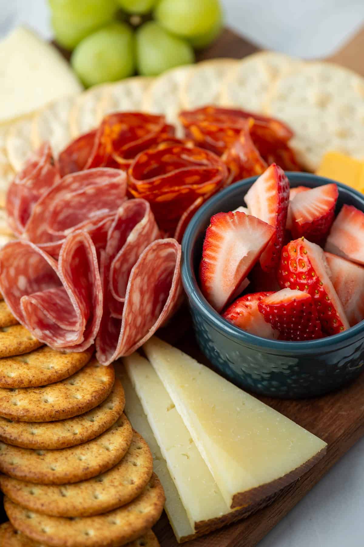 Close up photo of a charcuterie board