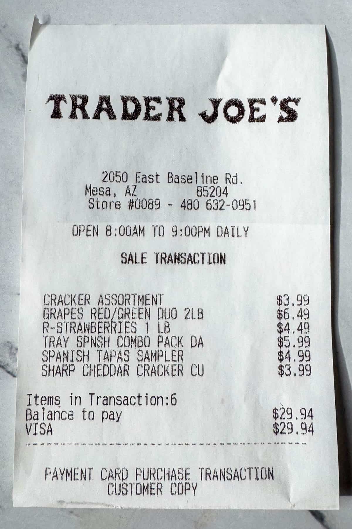 Receipt from Trader Joes for charcuterie board ingredients