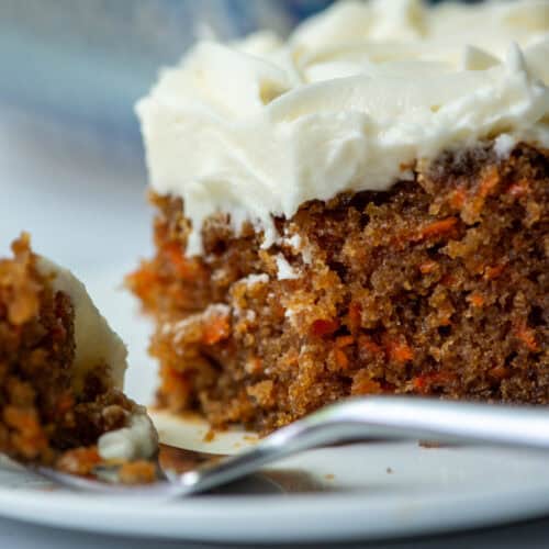 Close up side view of carrot cake