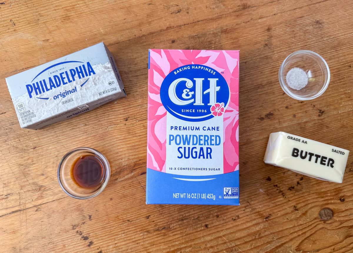 Ingredients needed for cream cheese frosting: salted butter, cream cheese, powdered sugar and salt