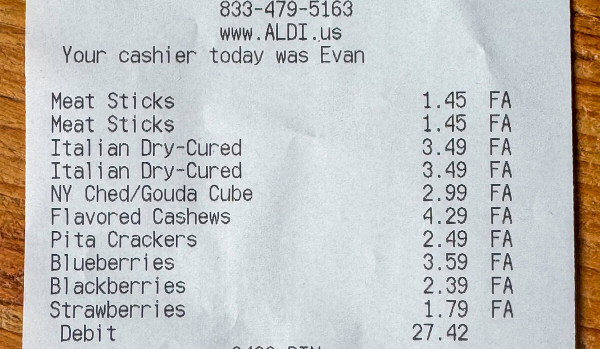 Photo of receipt for items purchased for Aldi Charcuterie Board for under $30
