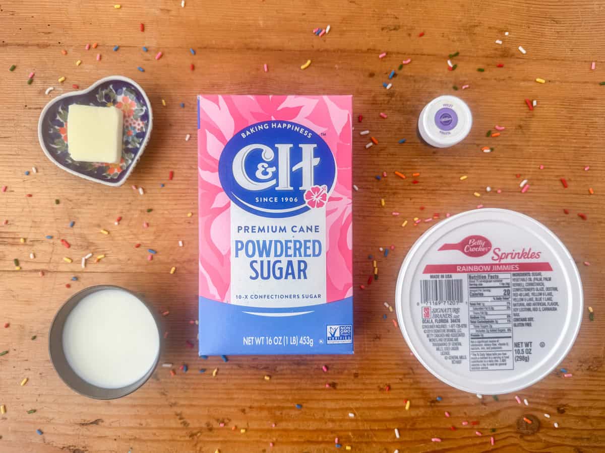 Ingredients needed for frosting: milk, salted butter and powdered sugar. Other optional ingredients are food coloring, sprinkles and almond extract.