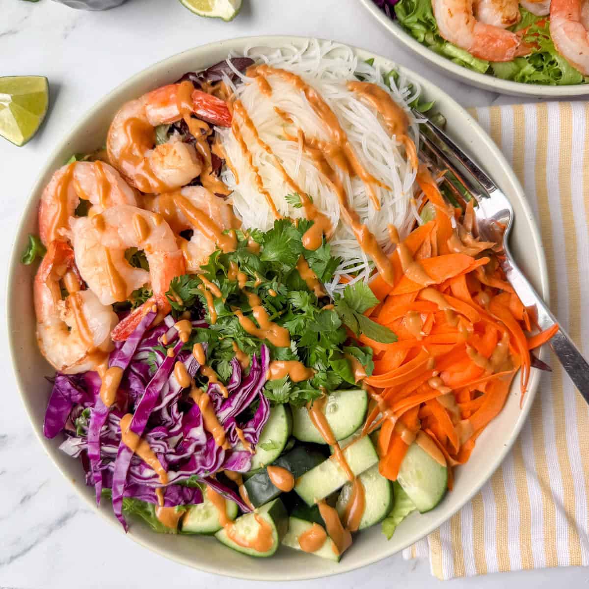 Overhead view of entree size plate of Spring Roll Salad drizzled with peanut dressing, next to a fork and napkin, limes and another plate of Spring Roll Salad