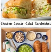 Top photo is a side view cut of a chicken Caesar salad sandwich and the bottom photo is all the ingredients needed to make the sandwich: chopped chicken, romaine lettuce, parmesan cheese, Caesar salad dressing, mini croutons, salt and black pepper. There is also a title overlay in the center that says Chicken Caesar Salad Sandwiches