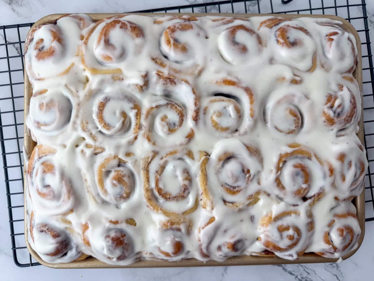 Overhead view of a full pan of 24 mini cinnamon rolls