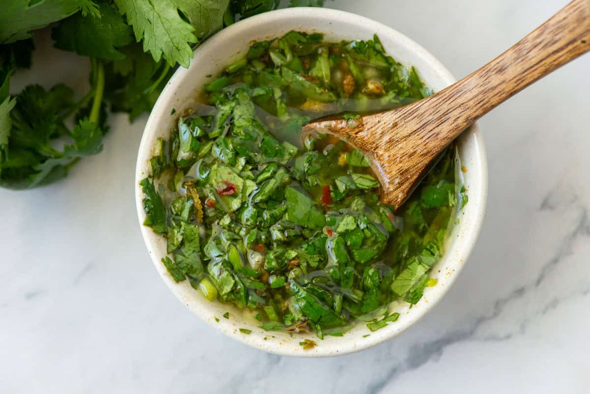 Bowl of cilantro chimichurri with a spoon sticking out in front of fresh cilantro
