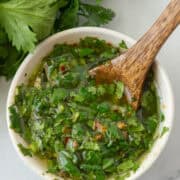 Bowl of cilantro chimichurri with a spoon sticking out in front of fresh cilantro