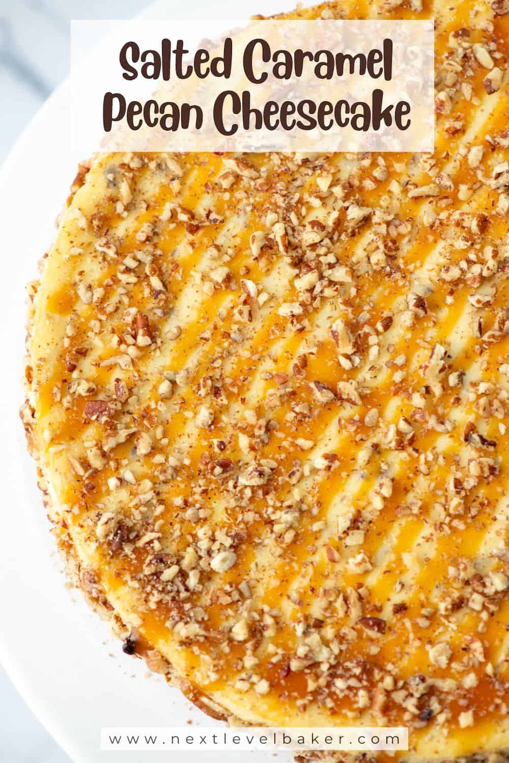 Overhead partial view of a decorated, salted caramel pecan cheesecake with a title overlay that says Salted Caramel Pecan Cheesecake and another title overlay that says www.nextlevelbaker.com