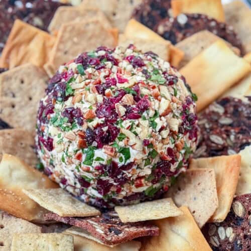 Cranberry and Pecan encrusted cheese ball surrounded by 4 different types of crackers