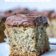 Side view of one slice of gluten free banana cake with a title overlay that says Gluten Free Banana Cake and another overlay that says www.nextlevelbaker.com