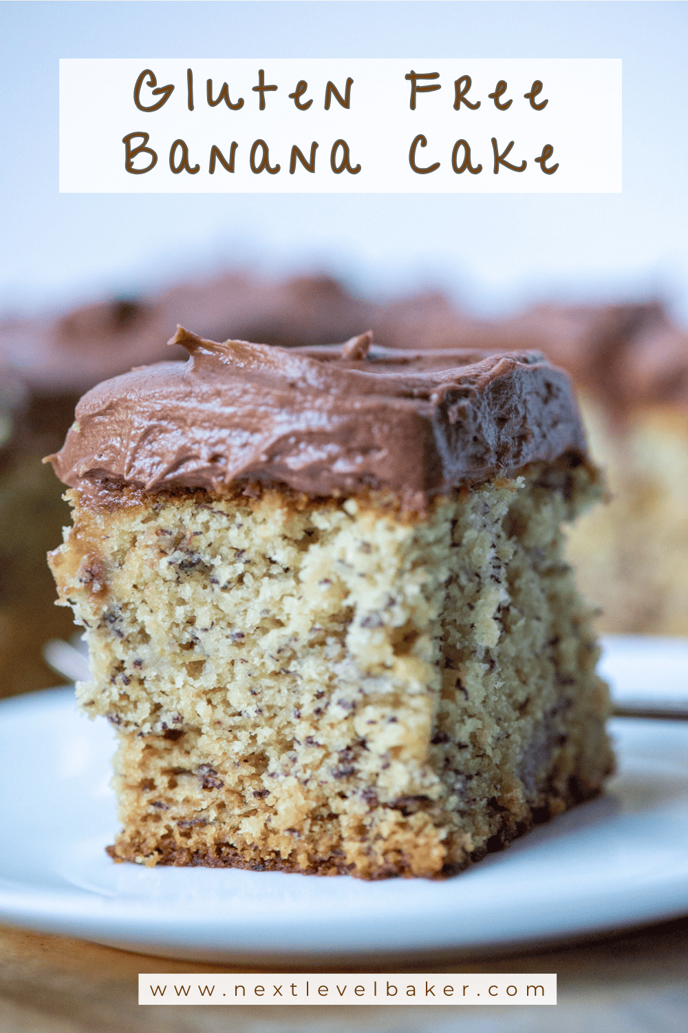 Side view of one slice of gluten free banana cake with a title overlay that says Gluten Free Banana Cake and another overlay that says www.nextlevelbaker.com