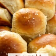 Close up photos of dinner rolls piled in different directions on a sheet pan
