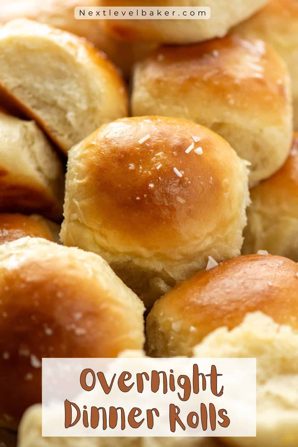 Close up photos of dinner rolls piled in different directions on a sheet pan