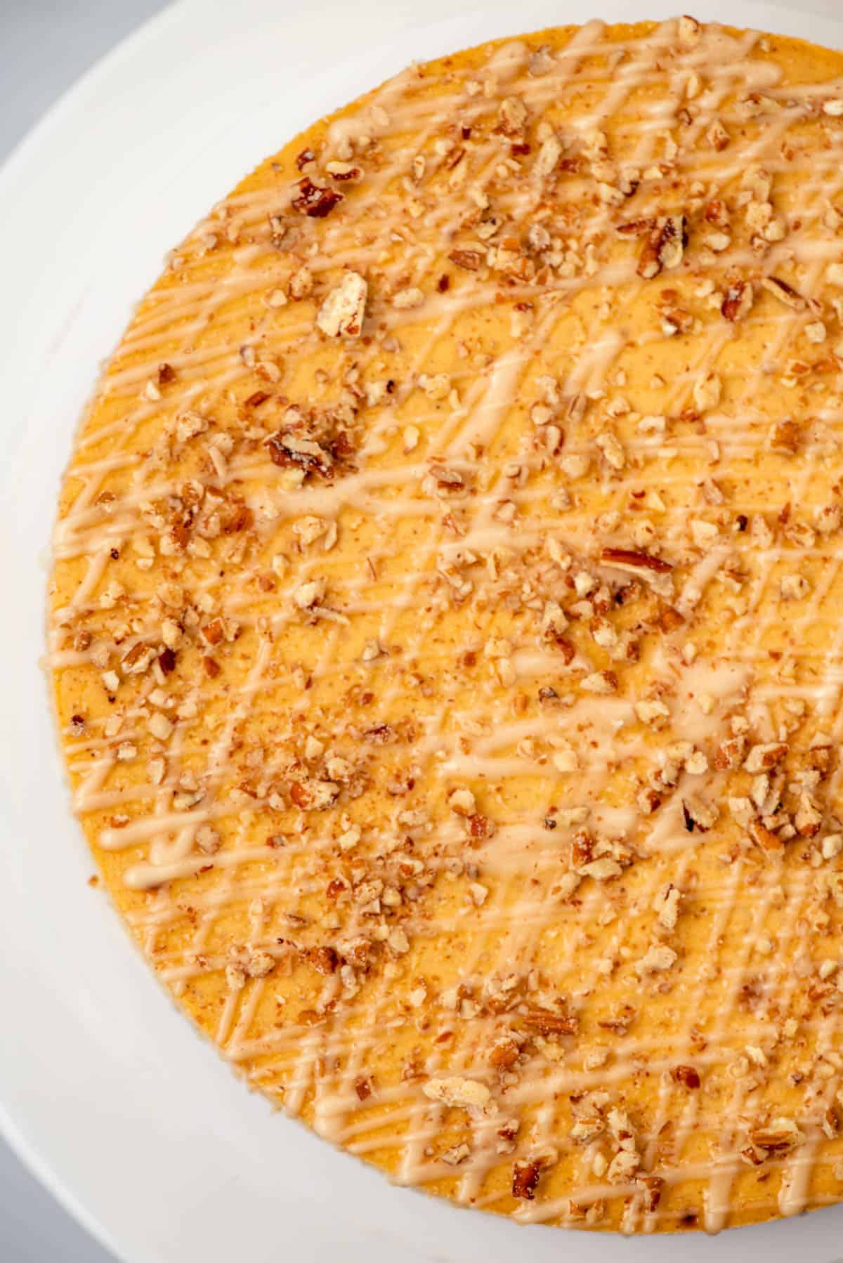 Overhead, close up view of a partial pumpkin pecan cheesecake