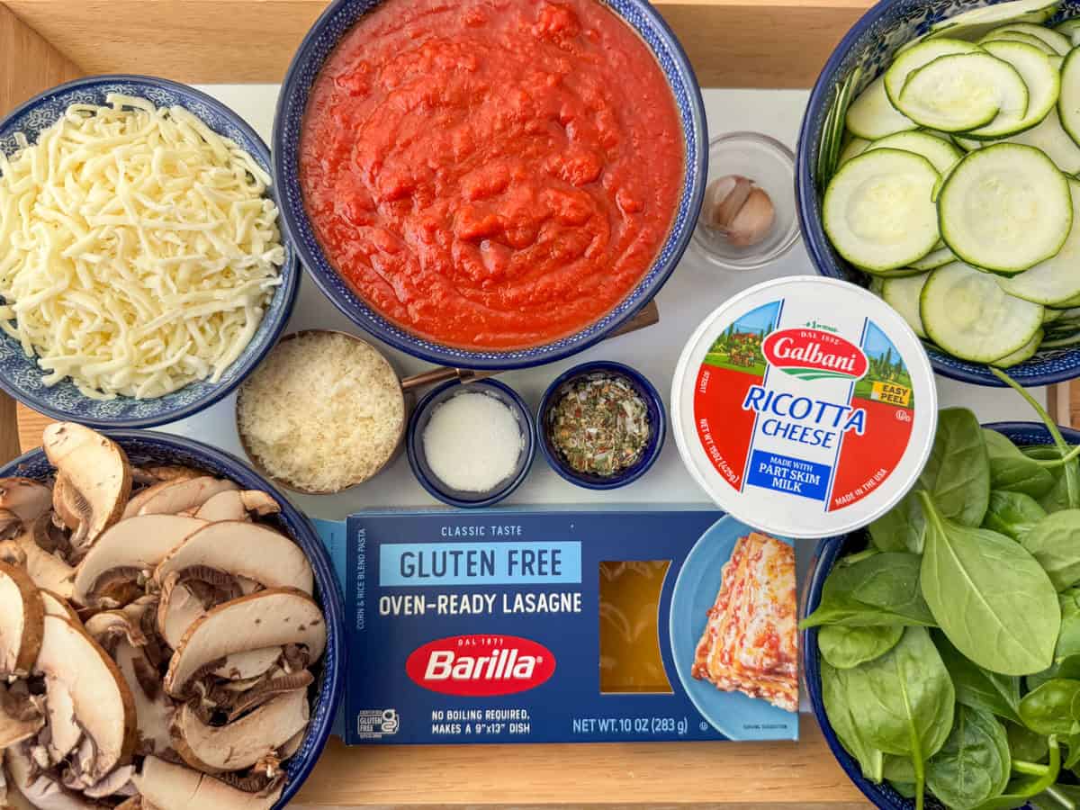 Ingredients needed to make veggie lasagna: pasta or marinara sauce, lasagna noodles, ricotta cheese, zucchini, mushrooms, spinach, salt, Italian seasoning, garlic (optional), mozarella cheese and parmesan cheese (optional).