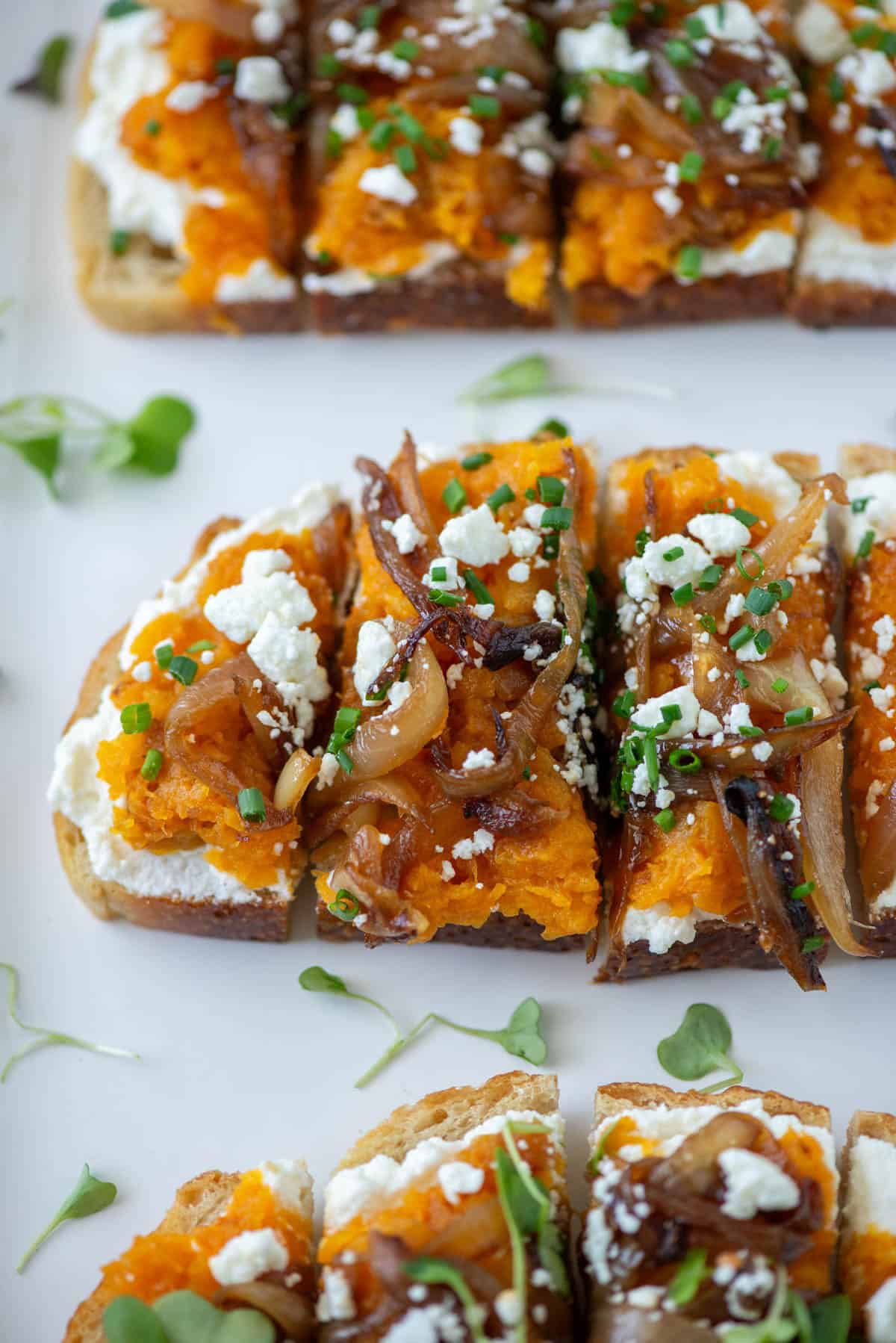 Close up view of squash toast sliced in quarters