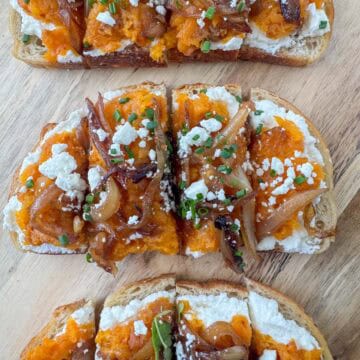 Close up overhead view of squash toast cut in four pieces