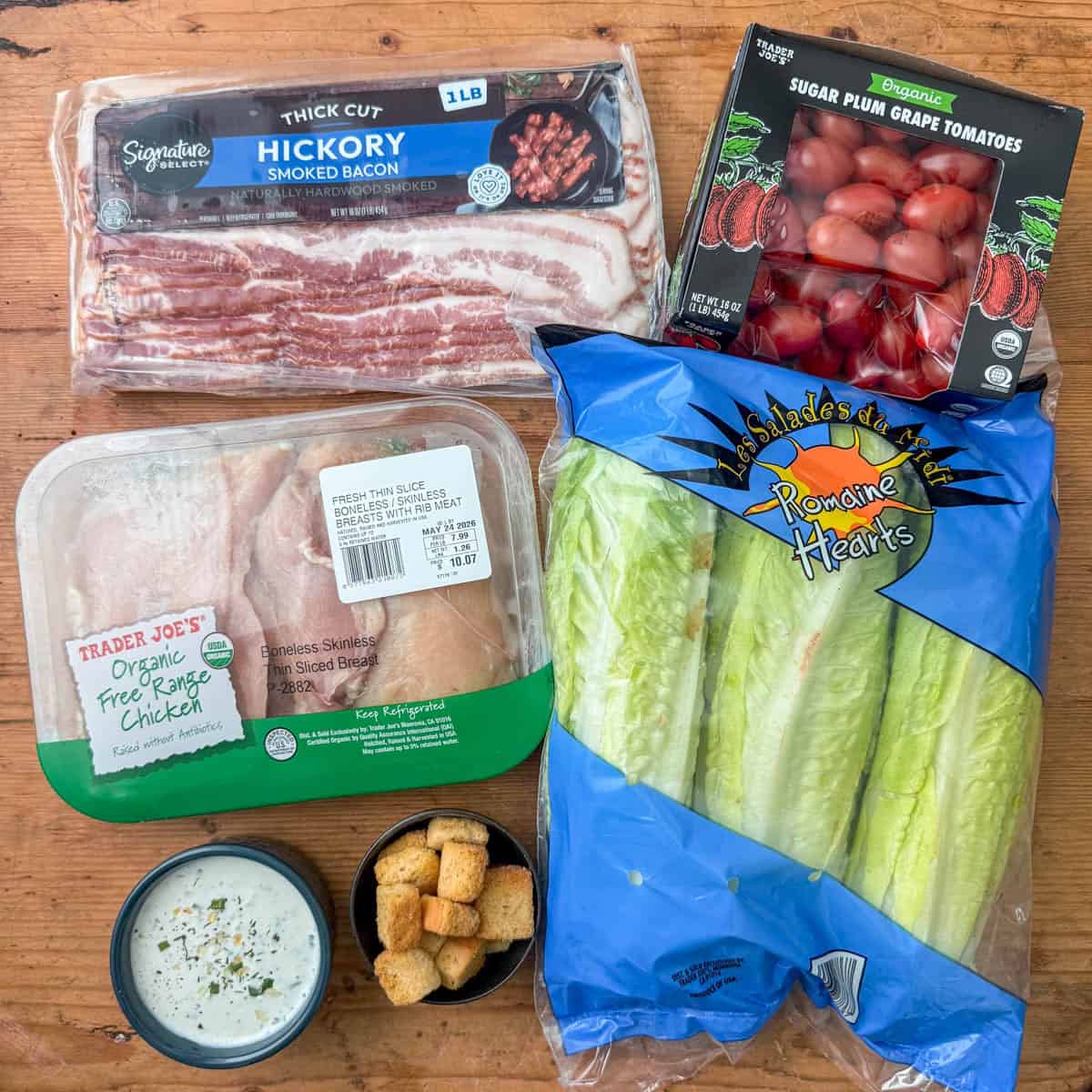 Ingredients needed for Chicken BLT Salad: chicken, bacon, small tomatoes, romaine lettuce, ranch dressing and optional croutons