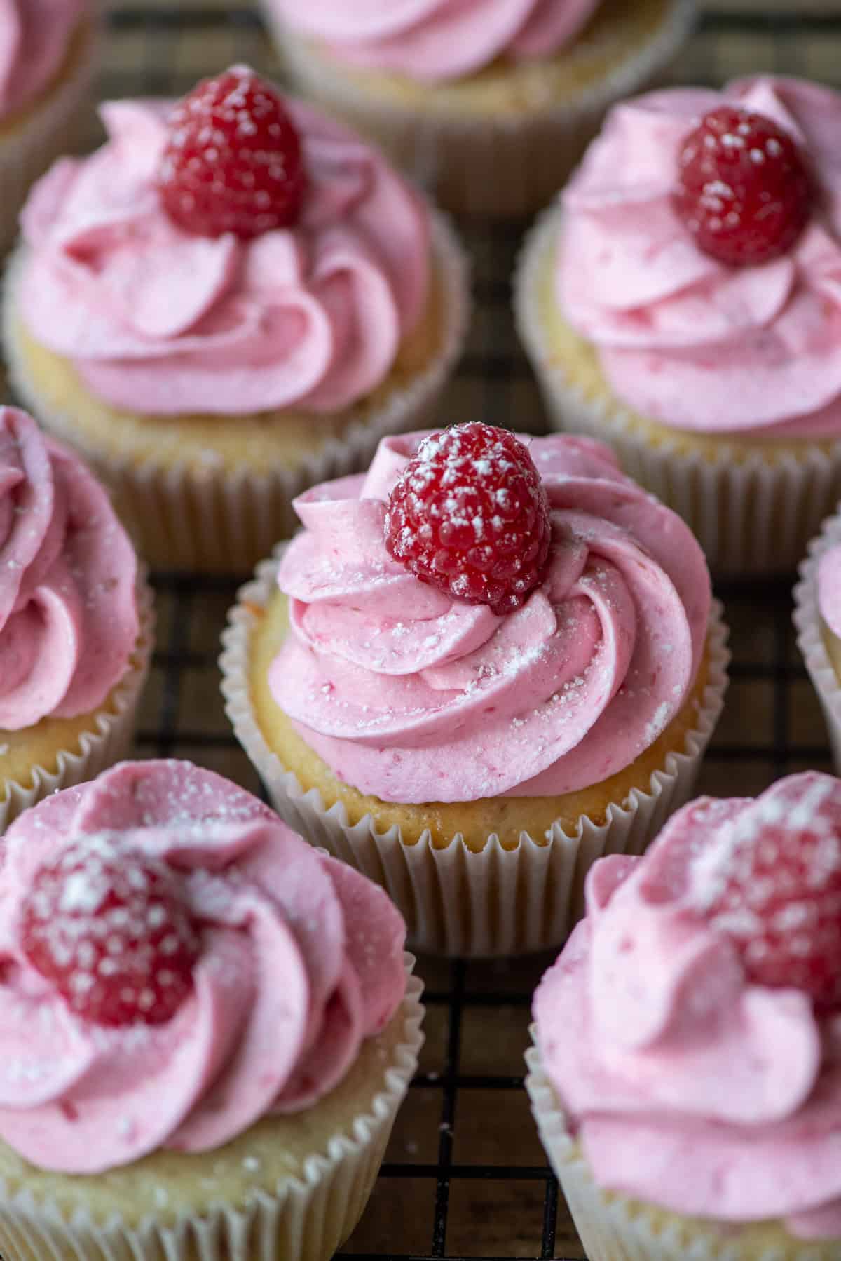Overhead photo of raspberry white chocolate cupcakes where one is centered and surrounded by others in partial view