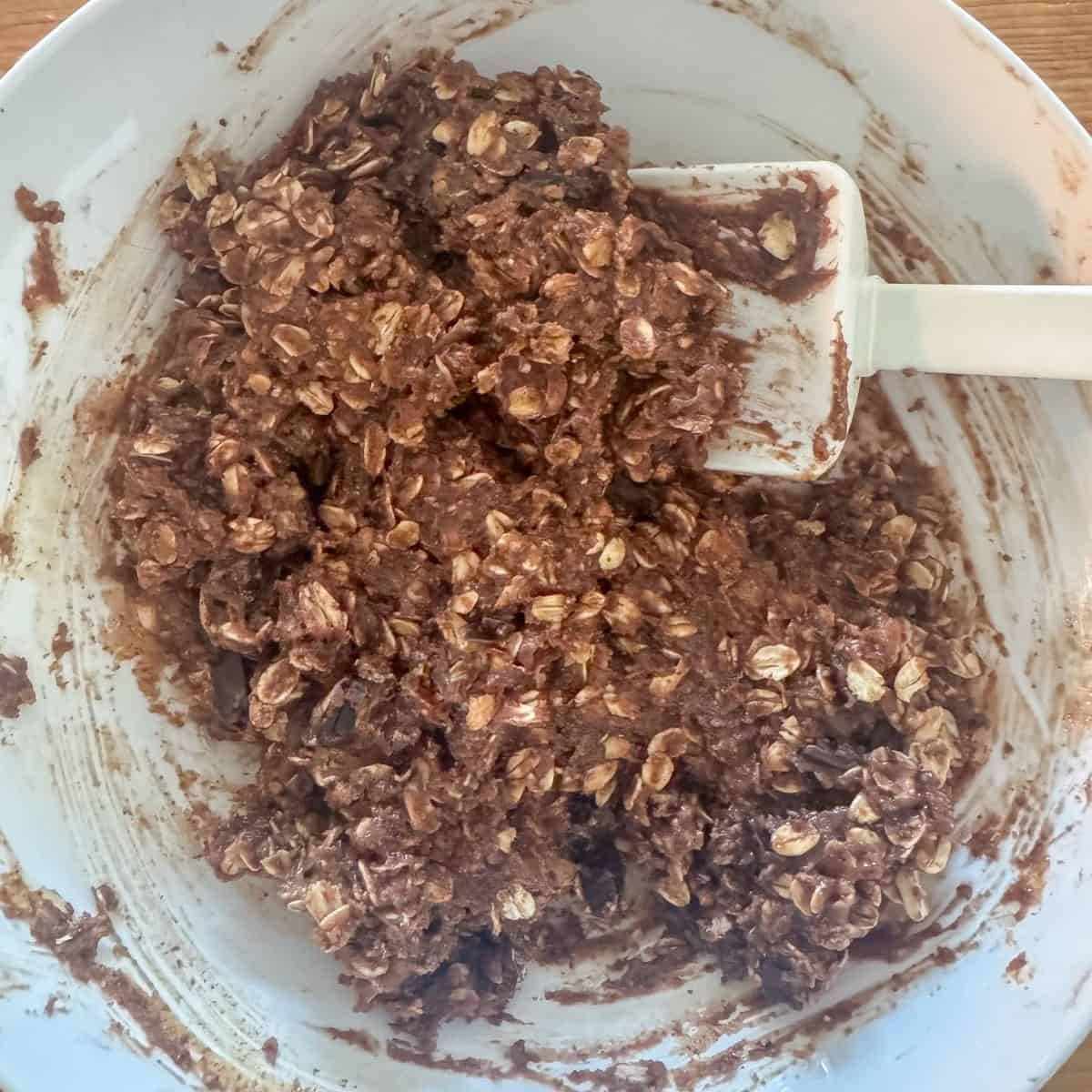 Third step of making chocolate protein powder balls: mix all ingredients together until fully combined