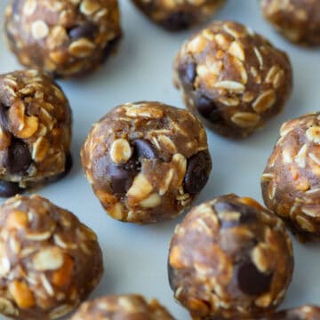 Overhead view of no bake peanut butter balls on a plate