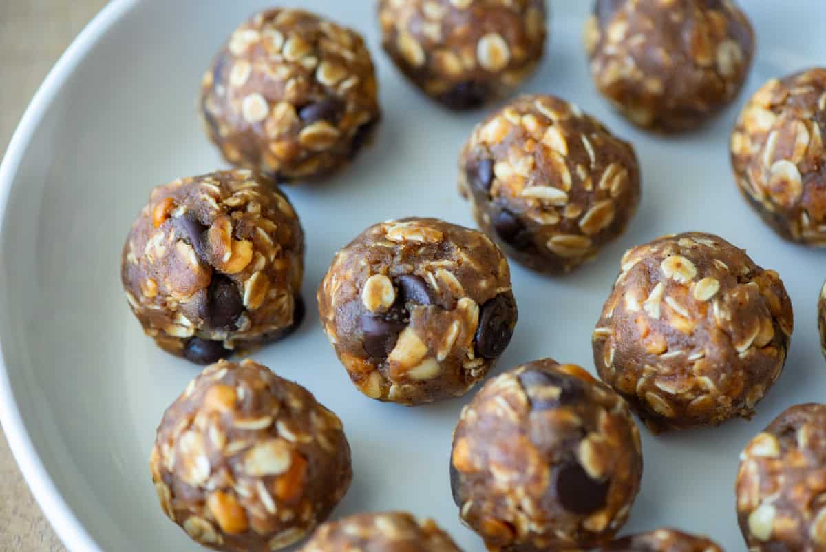 Overhead view of no bake peanut butter balls on a serving plate