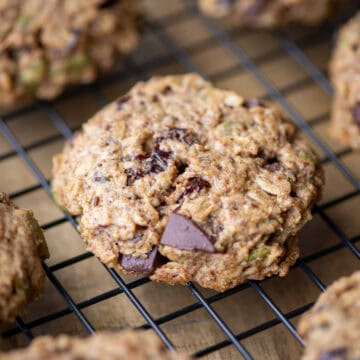 Close up of an oatmeal breakfast cookie on a wire rack