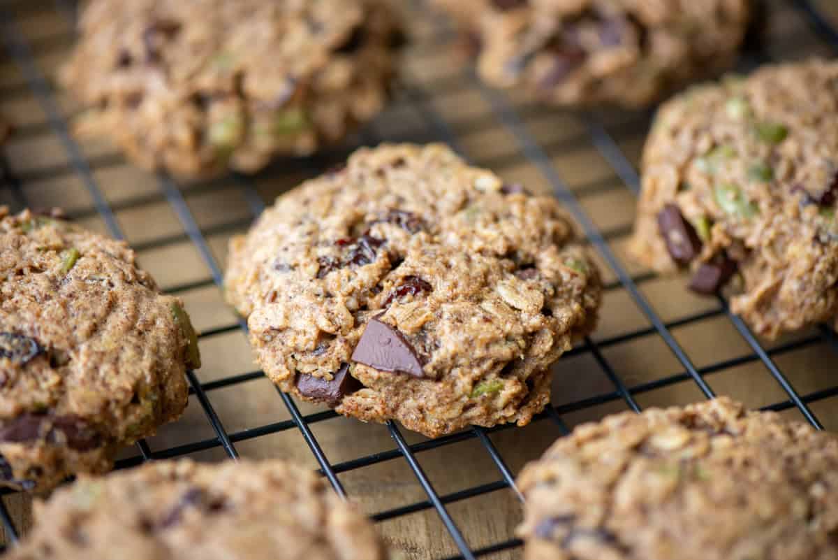 Overhead view of oatmeal breakfast cookies on a cooling rack