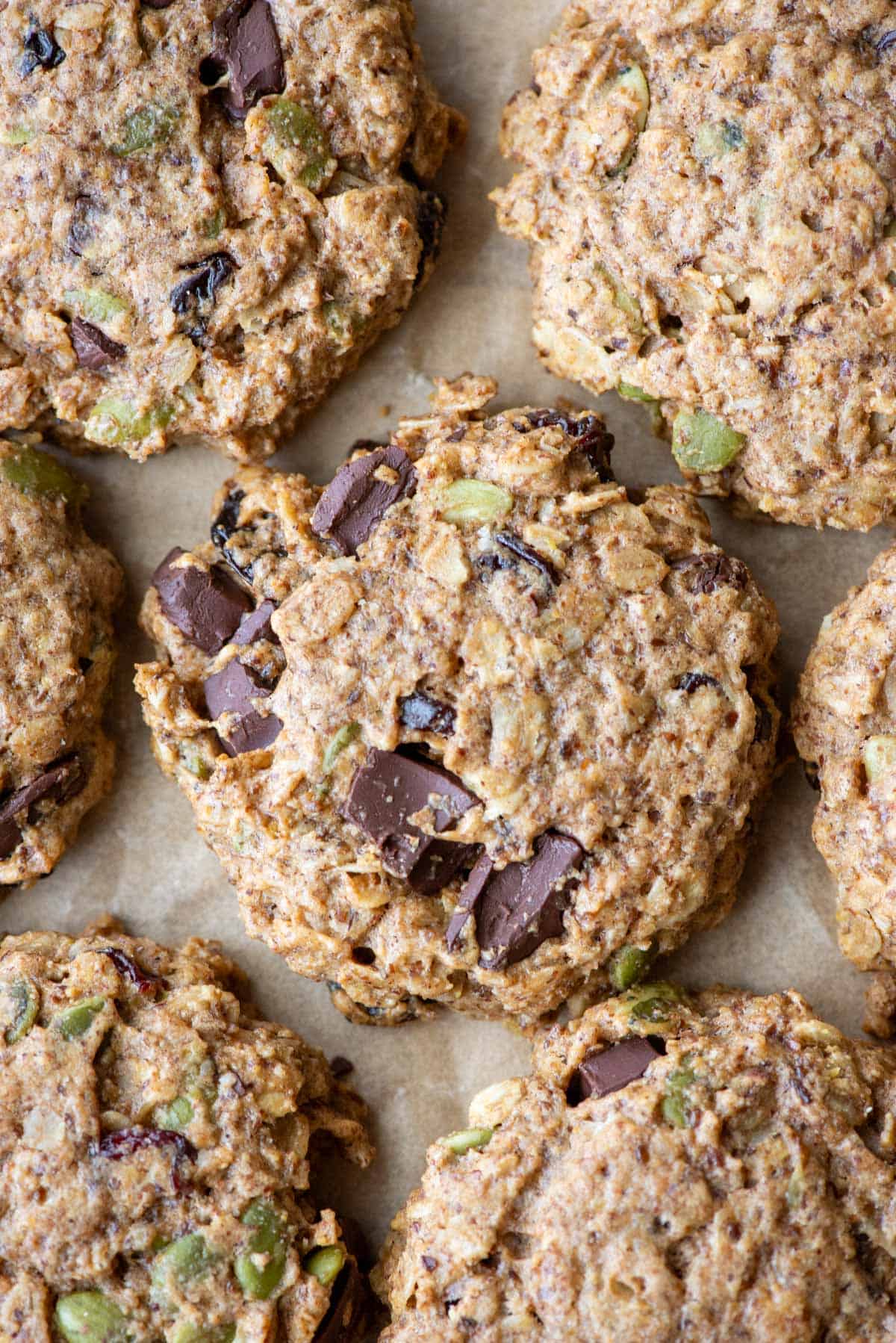 Overhead close up view of a single layer of oatmeal breakfast cookies touching each other on a piece of parchment paper