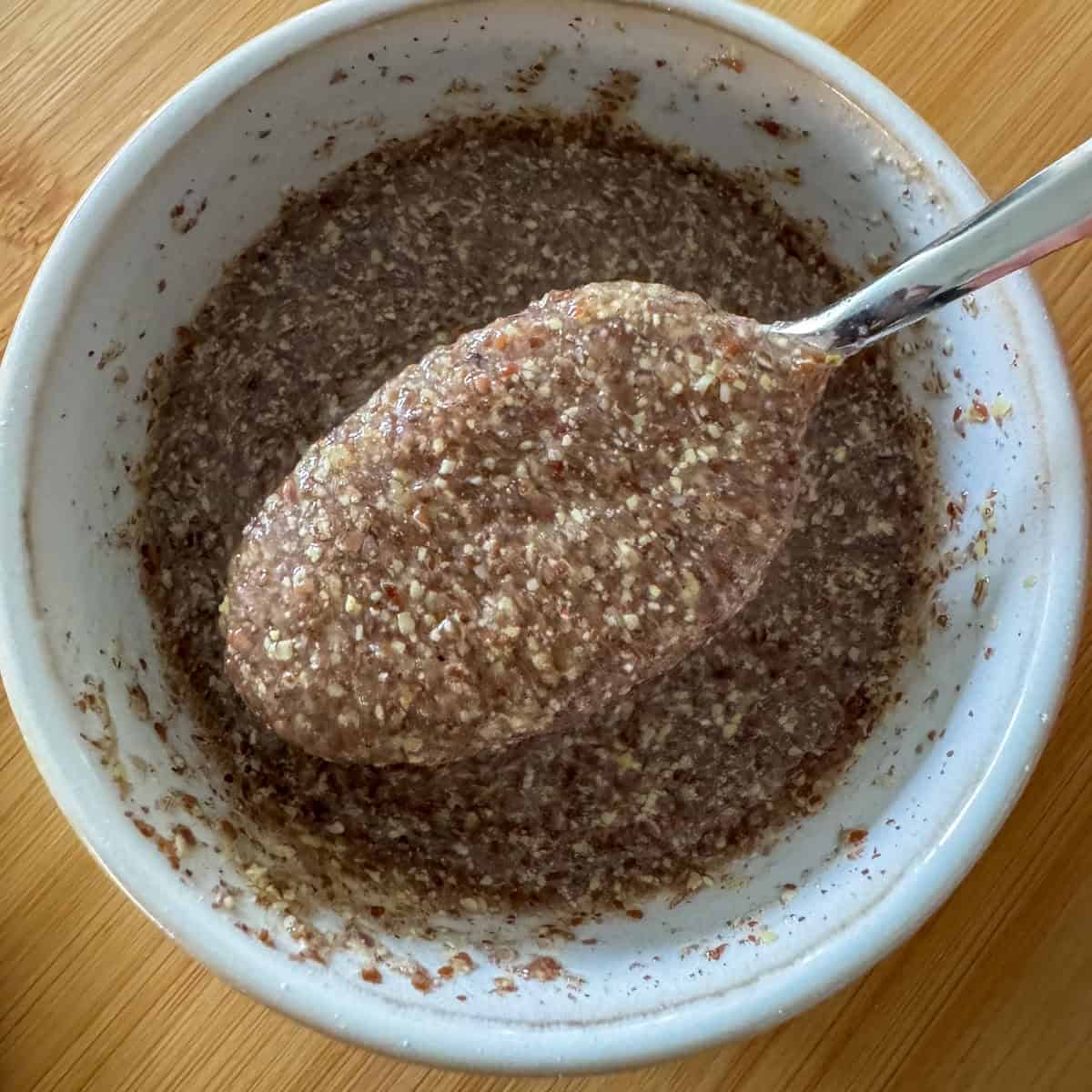 Overhead photo of flaxseed meal mixed with water