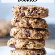 Side view of a stack of 5 oatmeal breakfast cookies on a small white plate with a title overlay that says Oatmeal Breakfast Cookies